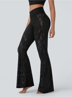 NWT HALARA High Waisted Crossover Black Lace Flare Leggings